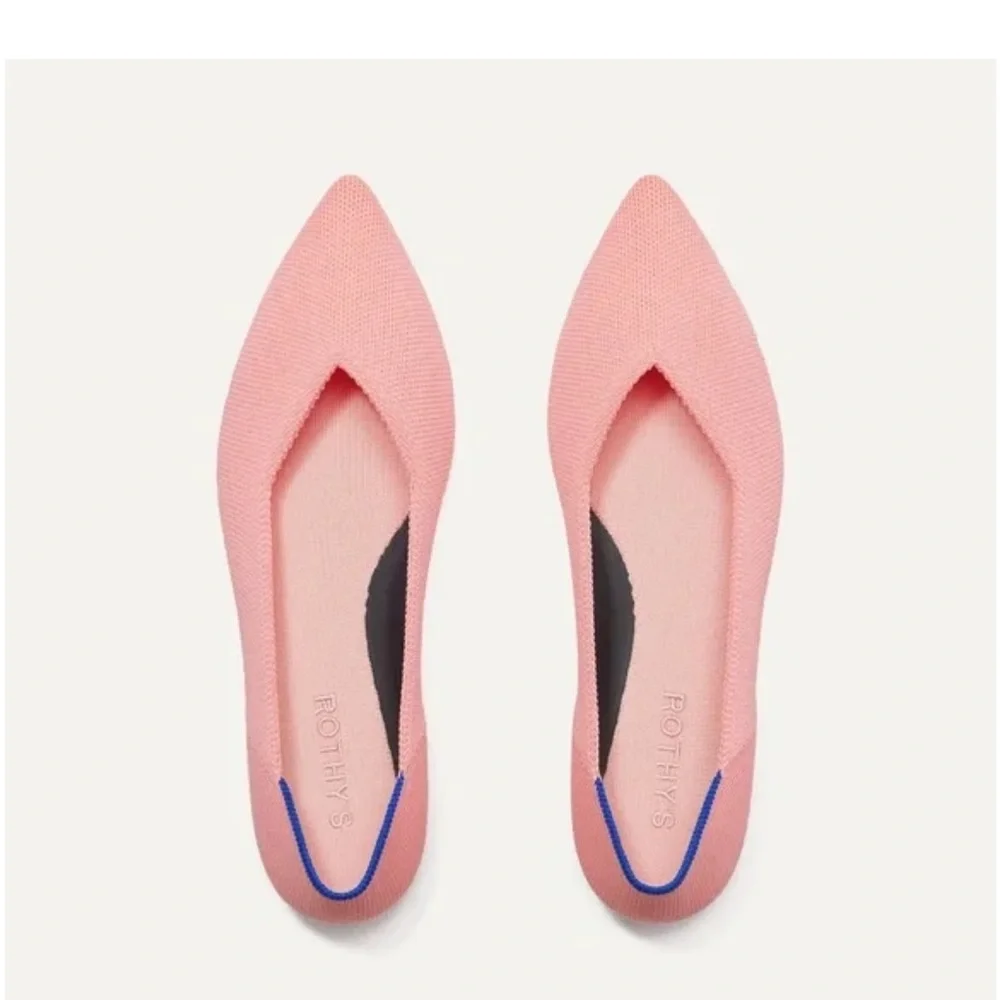 NEW - Rothy's Pink Pointed-Toe Knit Flats with Blue Heel Trim - Picture 1 of 9